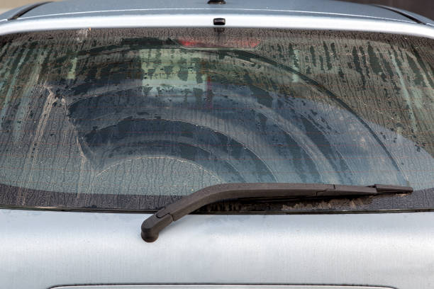 istock dirty car rear window gray wagon covered with dust wet after rain. 1183813832