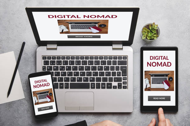 istock Digital nomad concept on laptop, tablet and smartphone screen 1183814546
