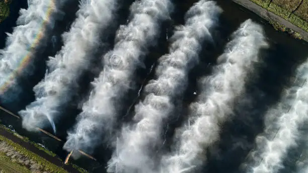 Industrial cooling fountains on the power plant. Belarus, Eastern Europe.