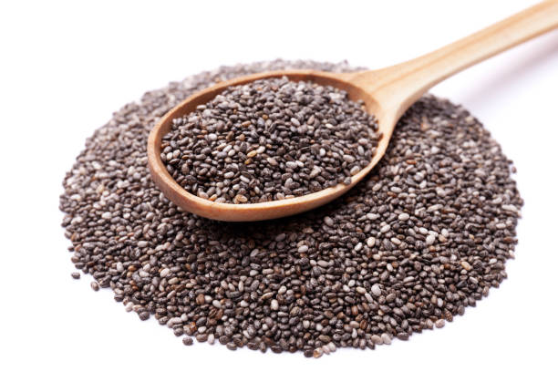 istock Chia seeds in wooden spoon isolated on white background 1183816605