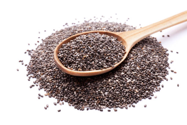 istock Chia seeds in wooden spoon isolated on white background 1183816634