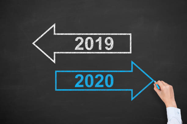 istock Human Hand Drawing Old Year or New Year 2020 on Chalkboard Background 1183816754