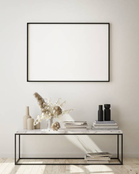 istock mock up poster frame in modern interior background, scandinavian style, 3D render 1183821237