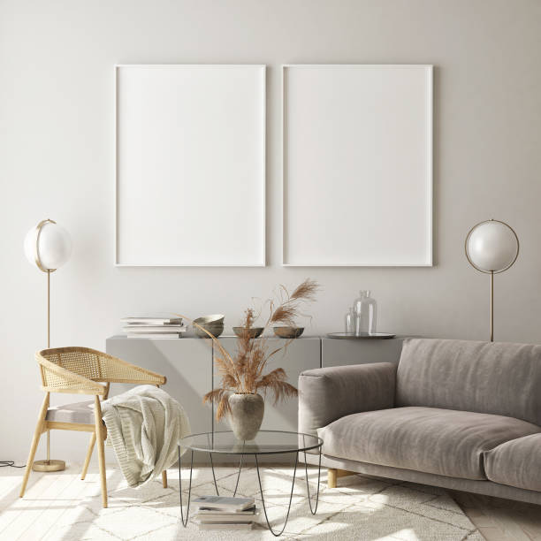 istock mock up poster frame in modern interior background, scandinavian style, 3D render 1183821246