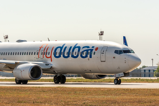 Kyiv, Ukraine - September 10, 2019: Fly Dubai plane landed at airport. Flydubai is a low-cost airline.