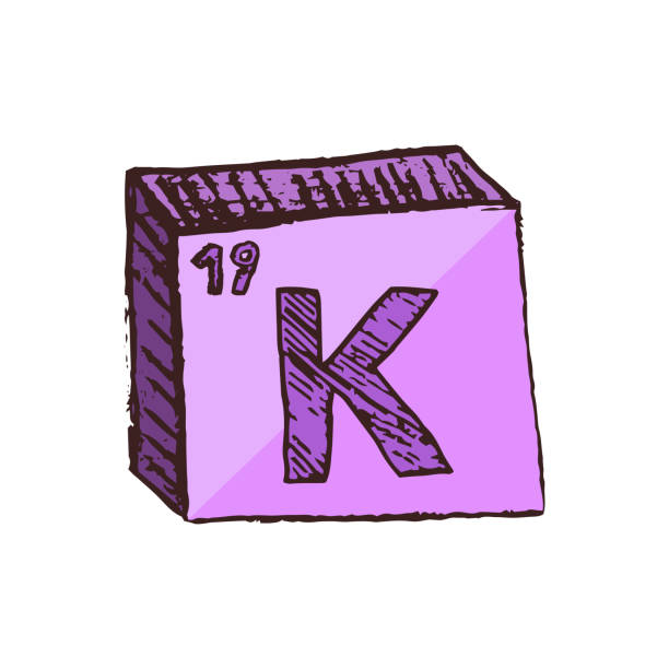 벡터 3차원 손으로 그려진 칼륨 또는 칼륨의 화학적 보라색 기호는 흰색 배경상에 분리된 원소의 주기성 표로부터 약어 k를 가진다. - abbreviation stock illustrations