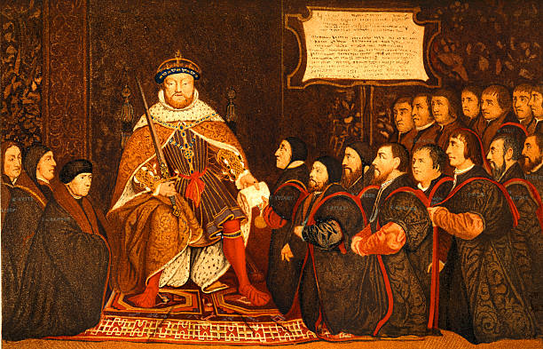 King Henry VIII Presents Charter to Barber-Surgeons  king royal person stock pictures, royalty-free photos & images