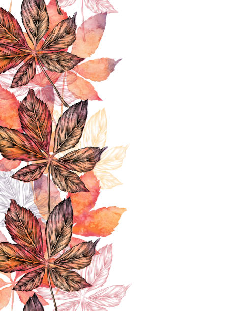 밤 나무 잎 벡터 잉크와 수채화 원활한 패턴 - chestnut tree leaf tree white background stock illustrations