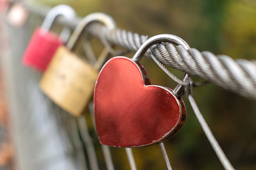 Heartshaped and several other love locks on the brigde in Austria