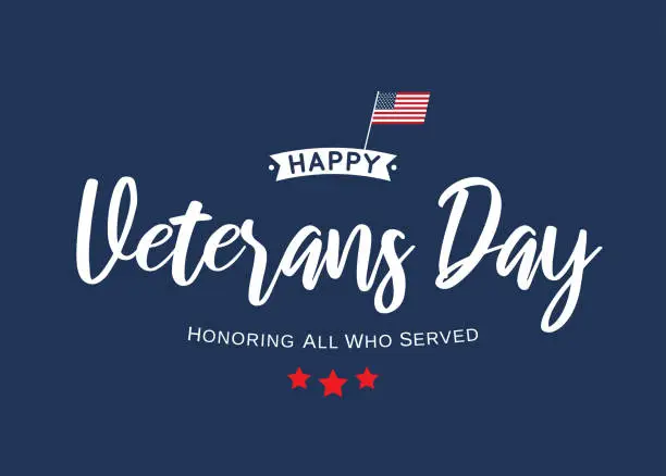 Vector illustration of Happy Veterans Day lettering blue card. Vector