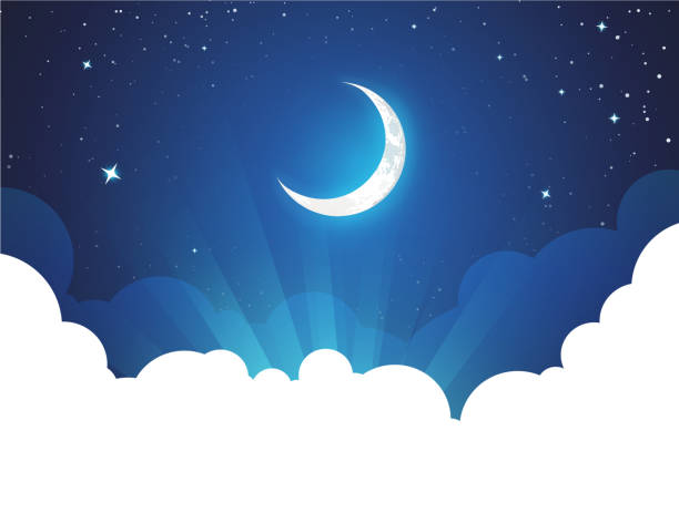 illustrazioni stock, clip art, cartoni animati e icone di tendenza di notte con la luna e le stelle - illustrazione del cartello vettoriale con spazio di copia in basso - cielo stellato