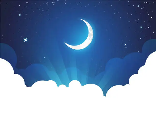 Vector illustration of Night with Moon and Stars - Vector placard illustration with copy space at bottom