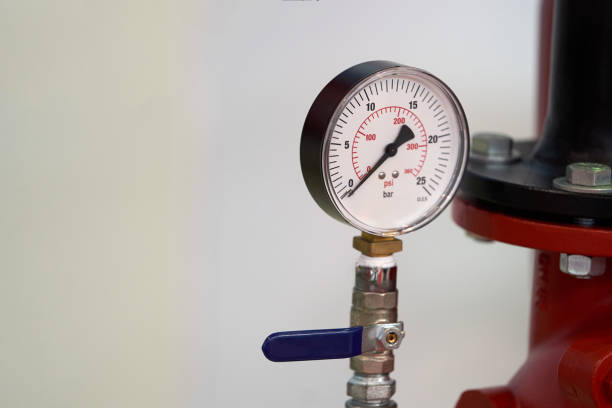 istock Pressure gauge psi meter on white background with copy space 1183833939