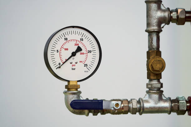 istock Pressure gauge psi meter on white background with copy space 1183833944