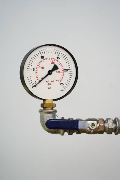 istock Pressure gauge psi meter on white background with copy space 1183833950