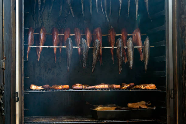 Front shot on the traditional home made smoked fishes.