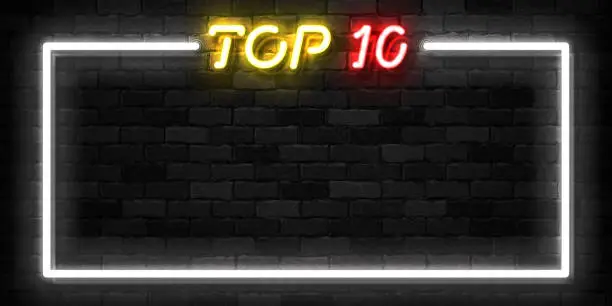 Vector illustration of Vector realistic isolated neon sign of Top 10 frame logo for template decoration and covering on the wall background.