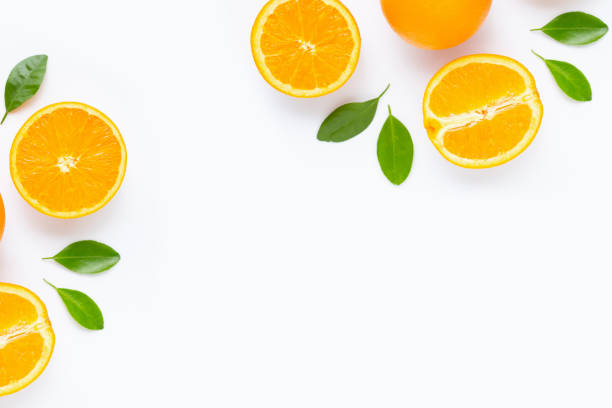 istock Fresh orange citrus fruit with leaves isolated on white background. 1183836390