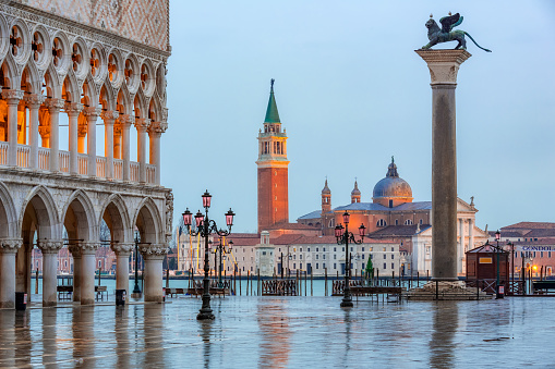 Venice, Veneto Italy - December 18, 2022  Christmas tree in St. Mark's square with Doge's Palace and St Mark's Basilica