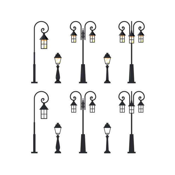 ilustraciones, imágenes clip art, dibujos animados e iconos de stock de faro, conjunto de iconos vectoriales planos - street night street light lamp