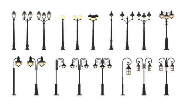 illustrations, cliparts, dessins animés et icônes de lampadaire, ensemble d'icônes de vecteur plat - street night street light lamp