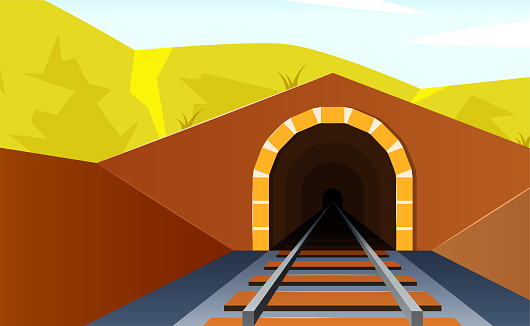 Tunnel road concept. Horizontal mountain landscape with entrance to the railway tunnel. Vector illustration in flat style