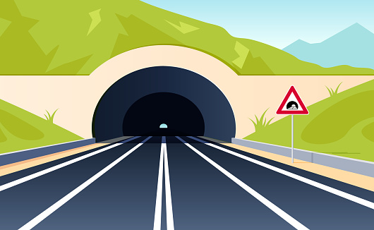 Road tunnel concept. Horizontal mountain landscape with entrance to the tunnel. Vector illustration in flat style