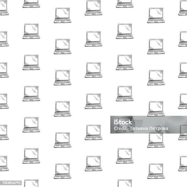 Technical Pattern Hand Drawn Sketch Style Computers And Laptops On ...