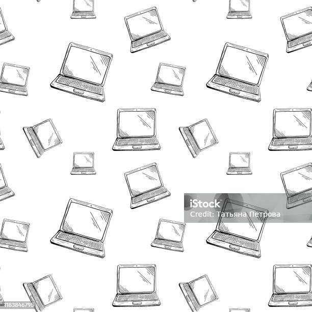 Technical Pattern Hand Drawn Sketch Style Computers And Laptops On ...