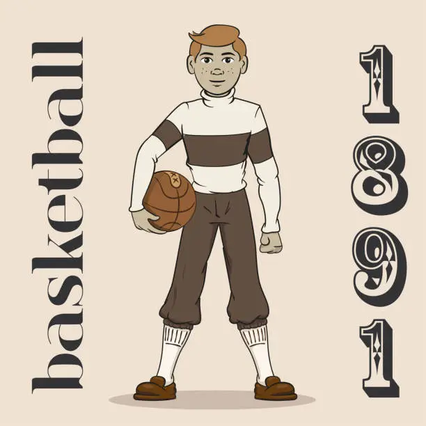 Vector illustration of Illustration represents basketball player of old when the sport was created 1981. Ideal for educational, sports and historical materials
