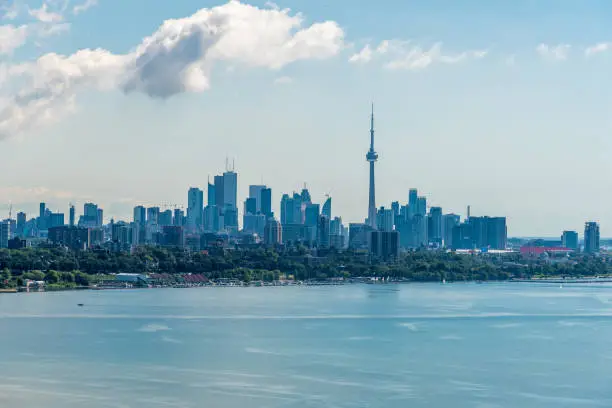 Toronto skyline from Ontario lake in sunny morning