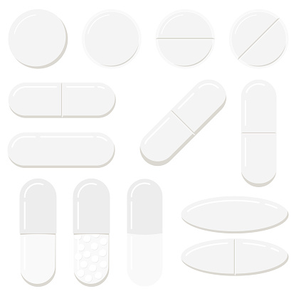 Pills and capsules templates set isolated on white background. White different forms medicine tablets - round and oblong, oval drugs collection. Vector flat design cartoon style icon illustration.
