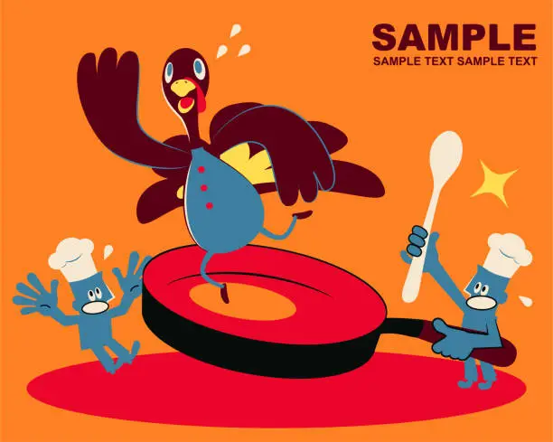 Vector illustration of Blue man chef cooking with a big pan and turkey escaping on Thanksgiving Day