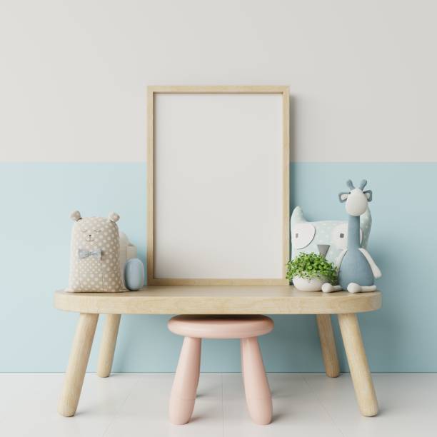 istock Mock up posters in child room interior, posters on empty white wall background. 1183855652