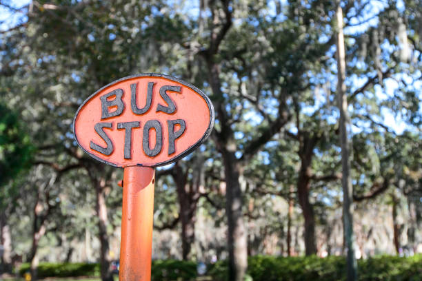 Oval bus stop marker in Savannah, Georgia.