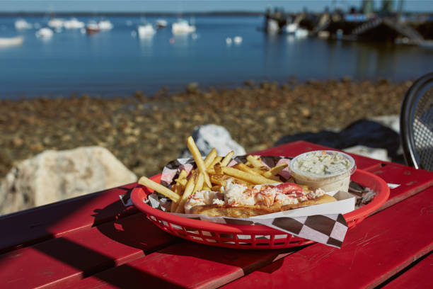Eating traditional Maine lobster roll with coleslaw and French fries on a waterfront harbor in Lincolnville, Maine.