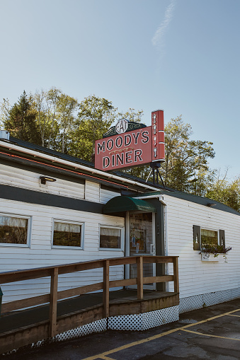 Waldoboro, Maine - September 26th, 2019: Exterior of Moody's Diner off of Route 1 on a cool Fall day in Waldoboro, Maine
