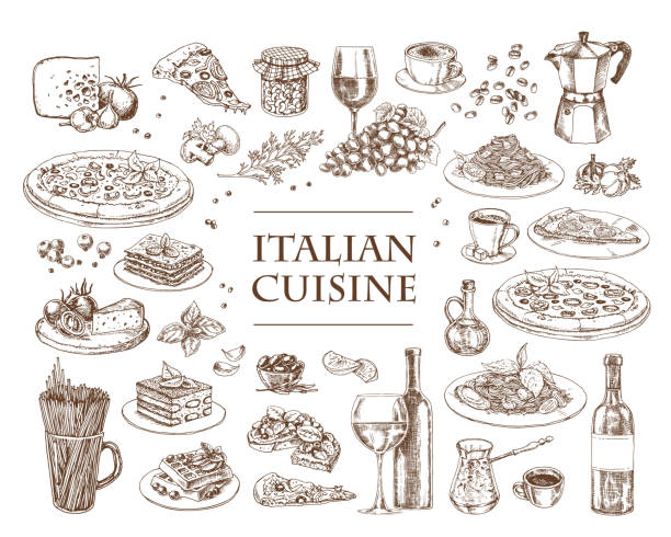 italienische küche vektor-illustration. set von traditionellen italienischen gerichten. - italian culture stock-grafiken, -clipart, -cartoons und -symbole