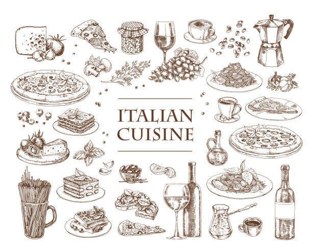 illustrazioni stock, clip art, cartoni animati e icone di tendenza di illustrazione vettoriale della cucina italiana. set di piatti tradizionali italiani. - italia