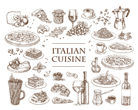 Italian Cuisine vector illustration. Set of traditional italian dishes.
