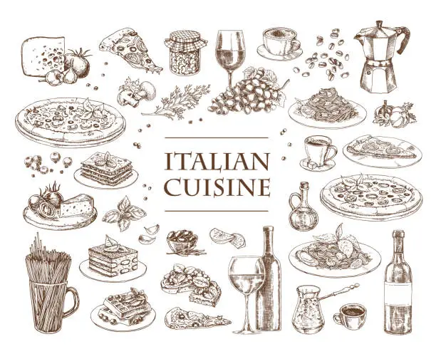 Vector illustration of Italian Cuisine vector illustration. Set of traditional italian dishes.