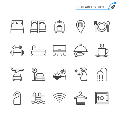 Hotel service line icons. Editable stroke. Pixel perfect.