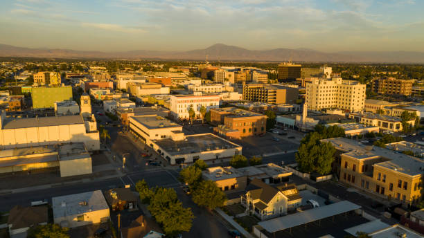 Late Afternoon Sun Hits the Architecture and Landscape in and around Bakersfield California stock photo