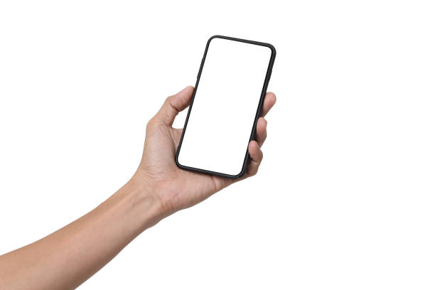 Hand man holding mobile smartphone with blank screen isolated on white background with clipping path stock photo