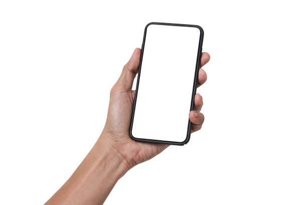 istock Hand man holding mobile smartphone with blank screen isolated on white background with clipping path 1183870236