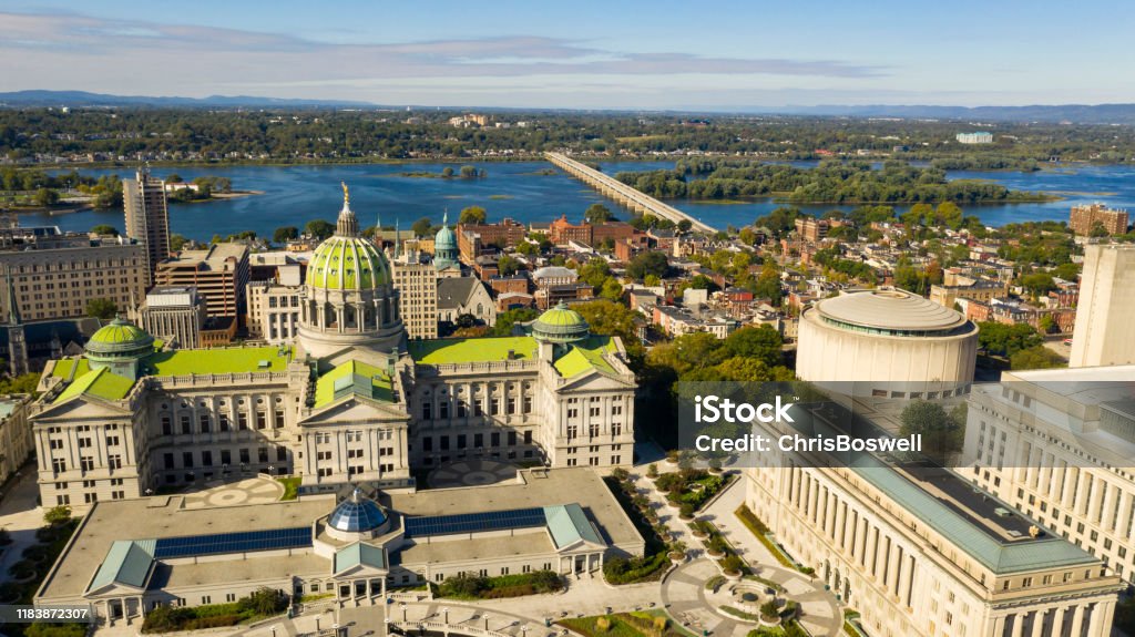 Aerial Perspective Harrisburg state capital of Pennsylvania along on the Susquehanna River Afternoon light hits the buildings and downtown city center area in Pennsylvania state capital at Harrisburg Harrisburg - Pennsylvania Stock Photo