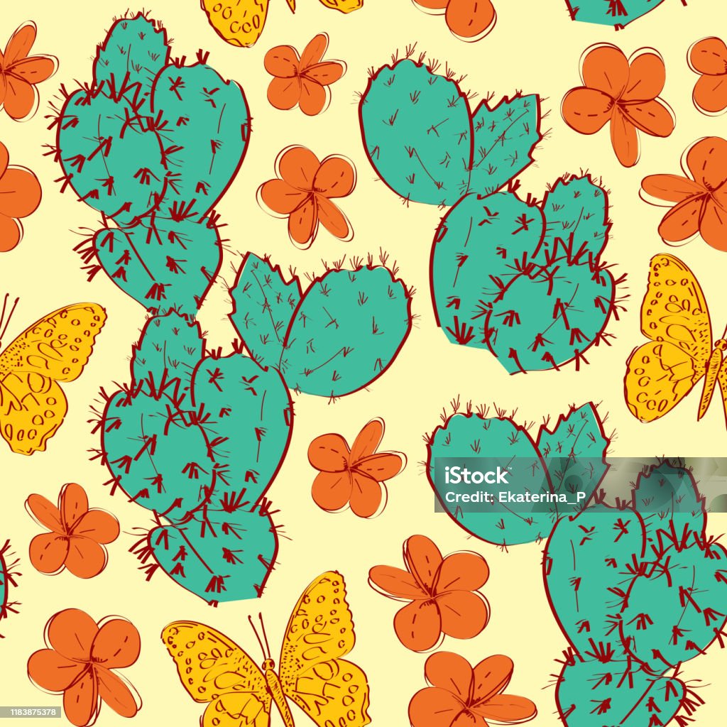 Ilustración de Cactus De Patrón Sin Costuras Con Flores Mariposas Sketch  Contorno Burdeos Naranja Verde Sobre Fondo Amarillo Simple Ornamento Se  Puede Utilizar Para Envoltura De Regalo Telas Fondos De Pantalla Vector