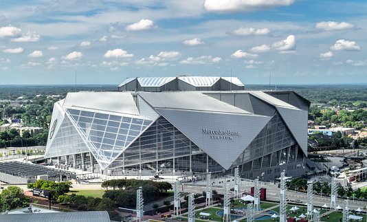 Atlanta, Georgia/ USA - September 8, 2018: Opened in August 2017, Atlanta's iconic Mercedes Benz Stadium can accommodate 71,000 spectators and features a state-of-the-art retractable roof.