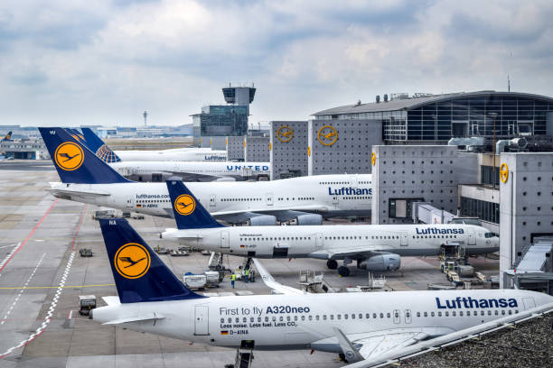 Lufthansa Aircraft Parked at Frankfurt Airport Frankfurt, Germany - July 24, 2016: Aerial view of Lufthansa aircraft parked at Frankfurt Airport (FRA), which serves as the largest hub for Lufthansa. airbus a320 stock pictures, royalty-free photos & images