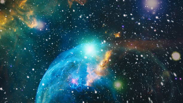 Far being shone nebula and star field against space. Nebula night starry sky in rainbow colors. Multicolor outer space.Elements of this image furnished by NASA. stock photo